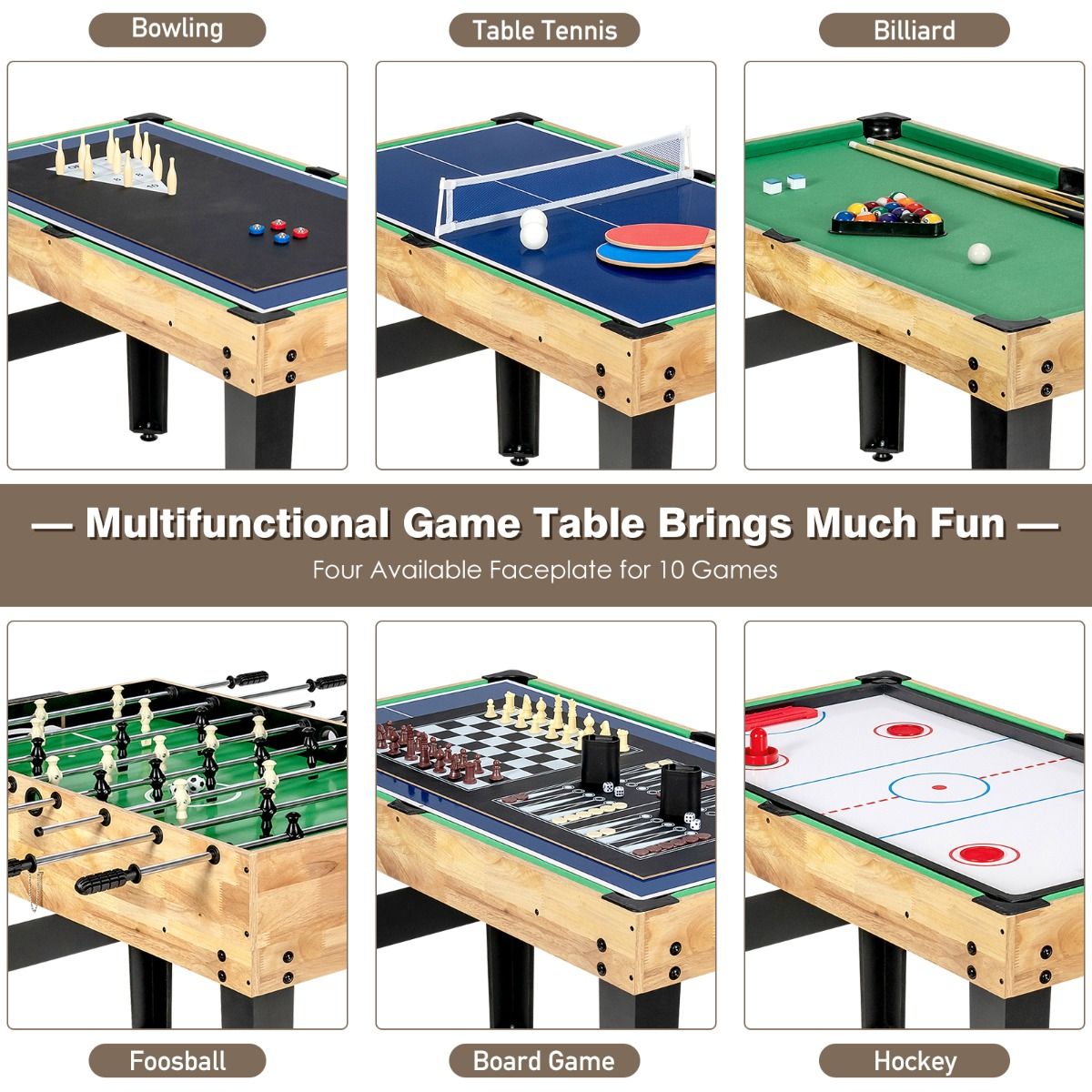 Coast Multifunktionaler Spieltisch – 10-in-1-Spiele – Stapelbares Design – Holz – 105,5 x 61 x 80 cm