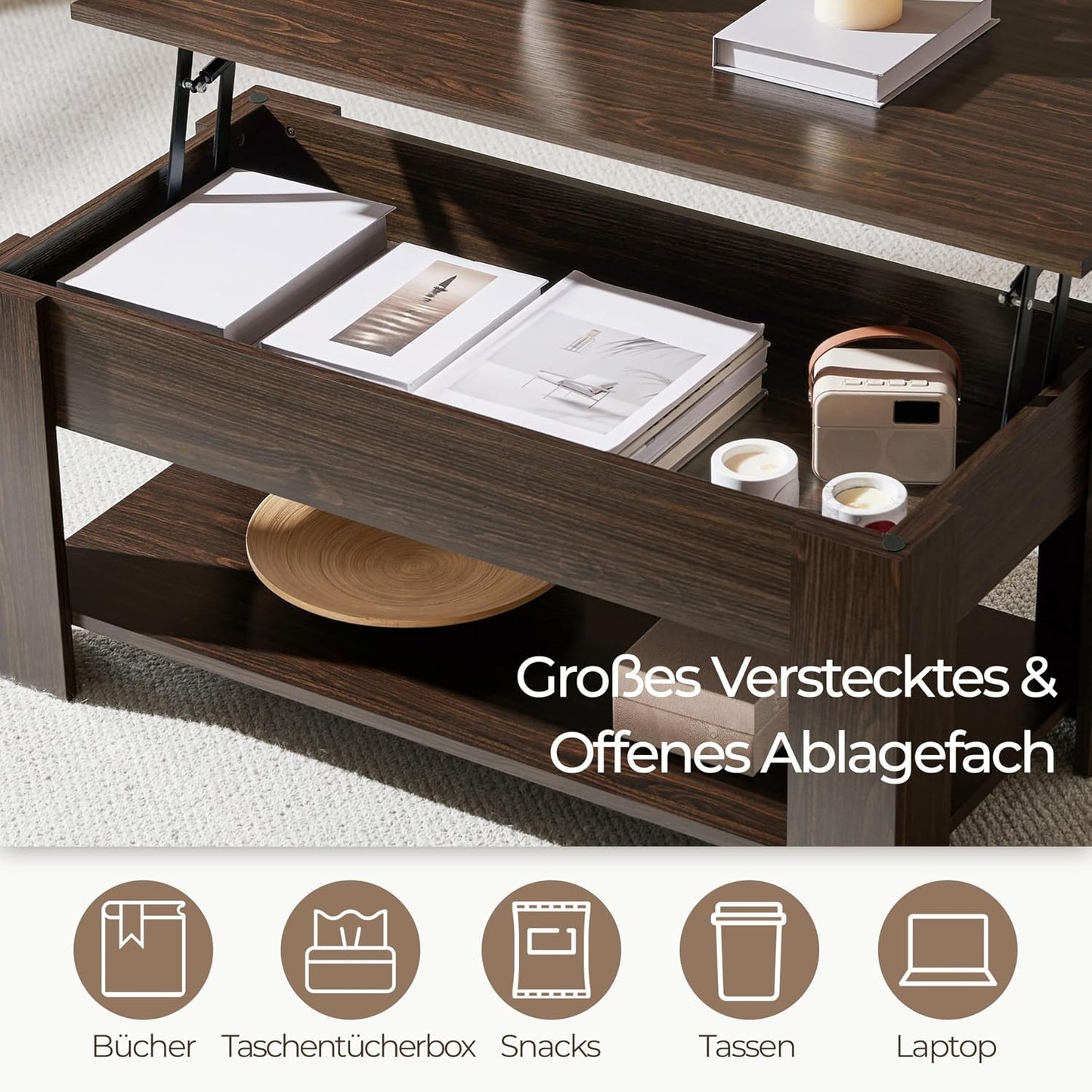 Yaheetech Couchtisch 98 x 50 x 41,8 cm – Braun – Höhenverstellbar – Ausziehbare Tischplatte – Mit Stauraum