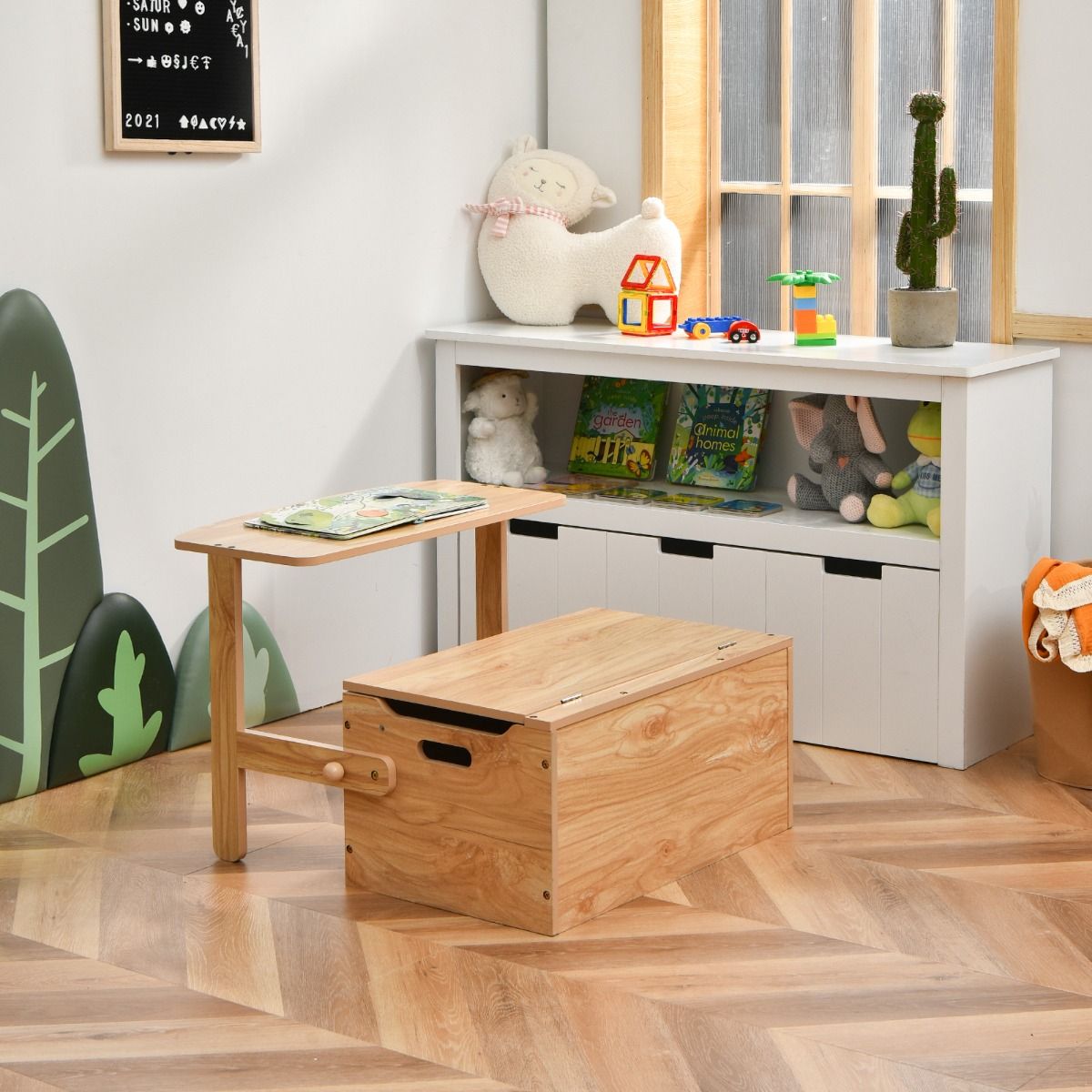 3-in-1-Kinderspieltisch mit Bank und Aufbewahrungsbox – 60 x 56,5 x 43,5 cm – Naturfarben