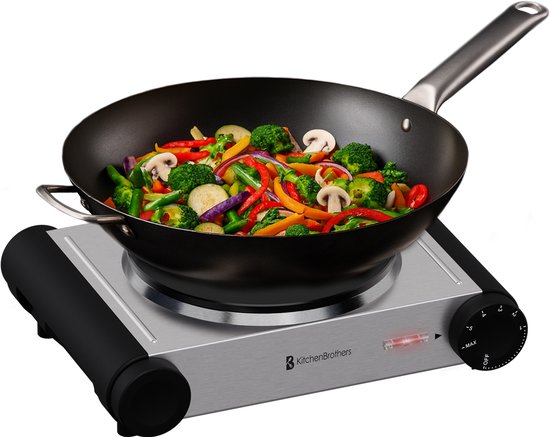 KitchenBrothers Elektrokochfeld - 1 Brenner - Freistehend - 7 Temperaturstufen - 1500W - Edelstahl/Schwarz