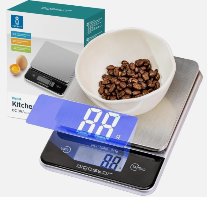 Aigostar Digitale Küchenwaage – Grau – Edelstahl – 5 kg/1 g, LCD