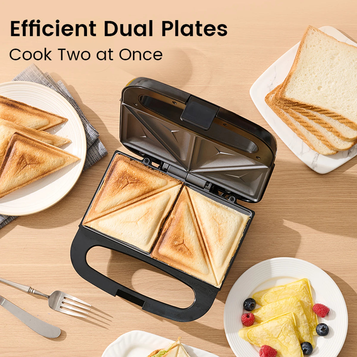 Ochama Sandwichmaker 750 W – Doppelte Grillplatten – Knusprige Toasts – Antihaftbeschichtung – Schwarz