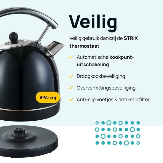 MOA Retro-Wasserkocher Schwarz - Elektrisch - Edelstahl - EK4TB