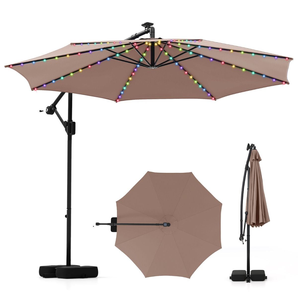 Coast Schwebeparasol mit LED-Beleuchtung – 9 Leuchtmodi – mit Sandsäcken und Pendel – braun – 300 x 260 cm