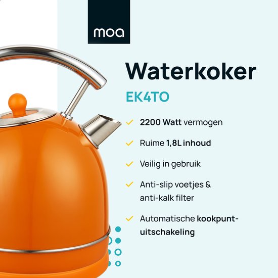 MOA Wasserkocher Retro - 1,8L - Retro - 2200W - Edelstahl - Orange