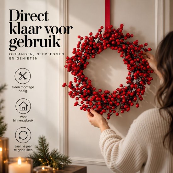 Mica Decorations Weihnachtsdekoration mit roten Beeren – Weihnachtskranz für weihnachtliche Stimmung im Haus – Ø 50 cm aus Schaumstoff – Türkranz für den Innenbereich in der Weihnachtszeit – Rot