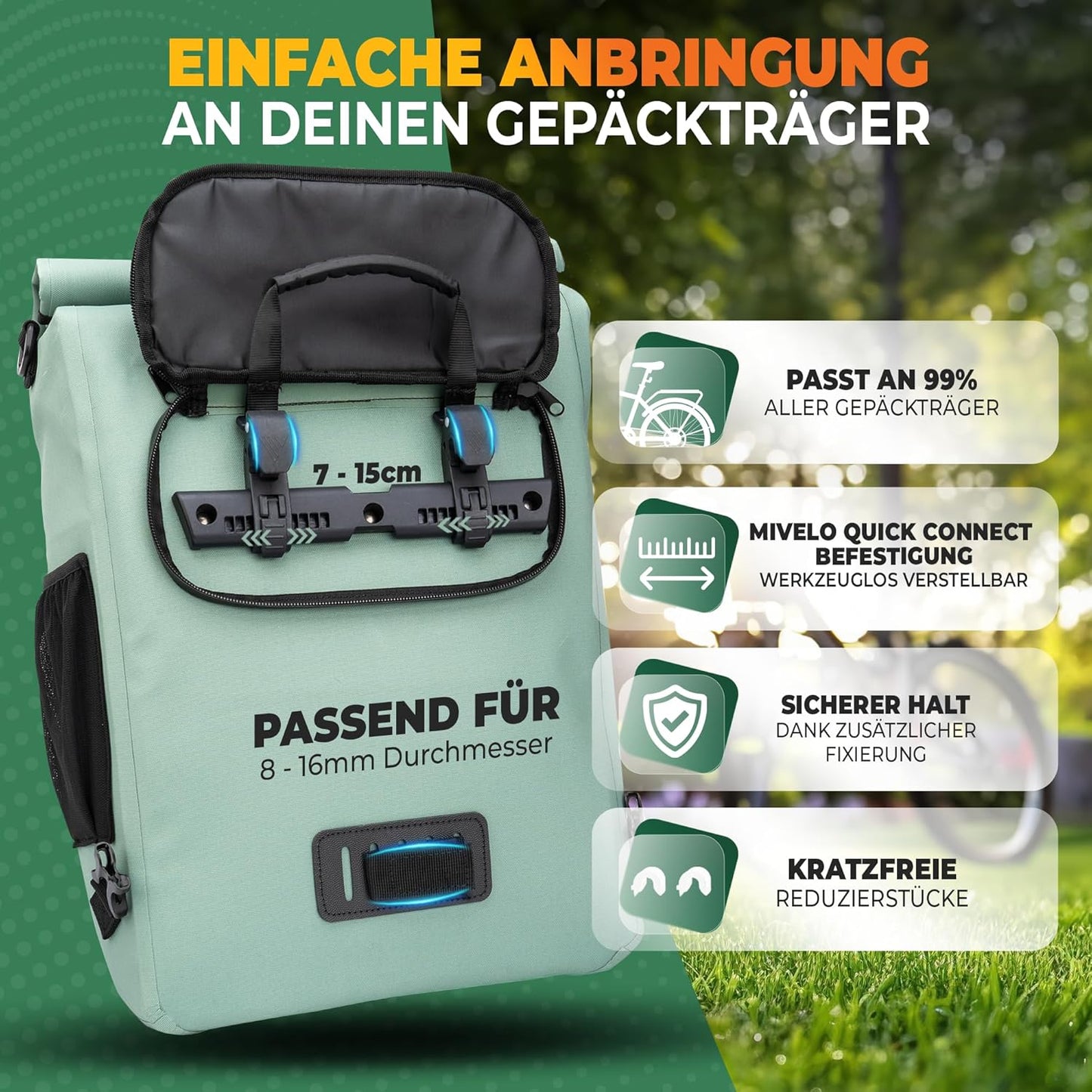 MIVELO 3-in-1 wasserdichte Fahrradtasche mit Laptopfach - PVC-frei - Mint - 20 L