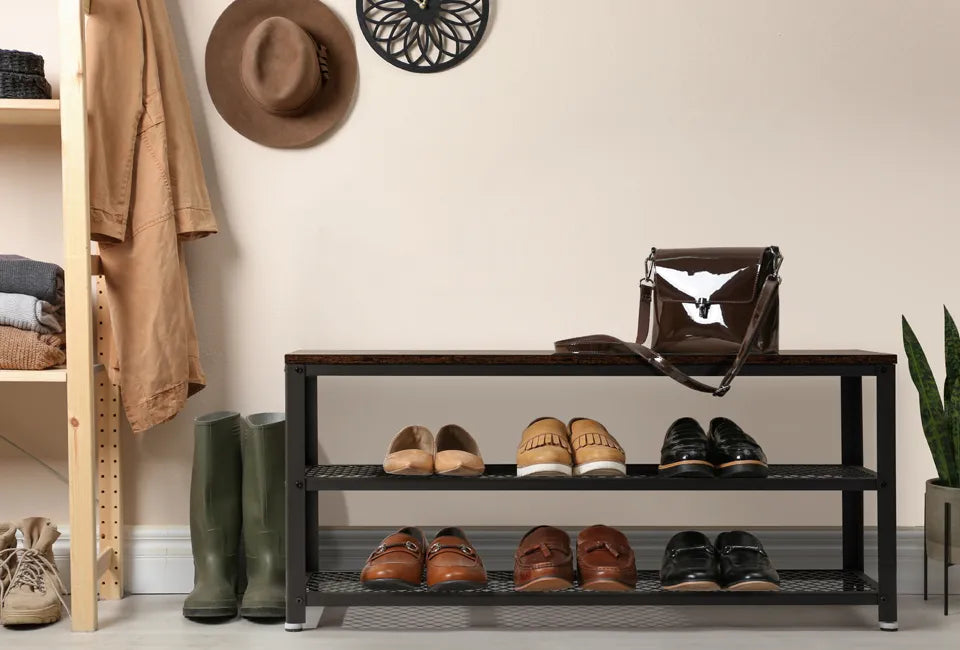 Home & Comfort Schuhregal und Bank 100x30x45 cm - Skandinavisches Design - Holz & Schwarzes Metall