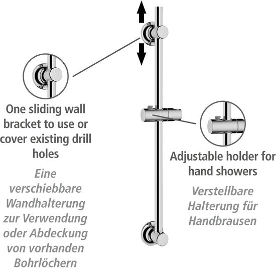 WENKO Duschstange aus Edelstahl, verchromt, Länge 70 cm, Durchmesser 22 mm, mit Duschkopfhalterung und 2 Wandhaltern – Duschstange, verchromt – Befestigung ohne Bohren