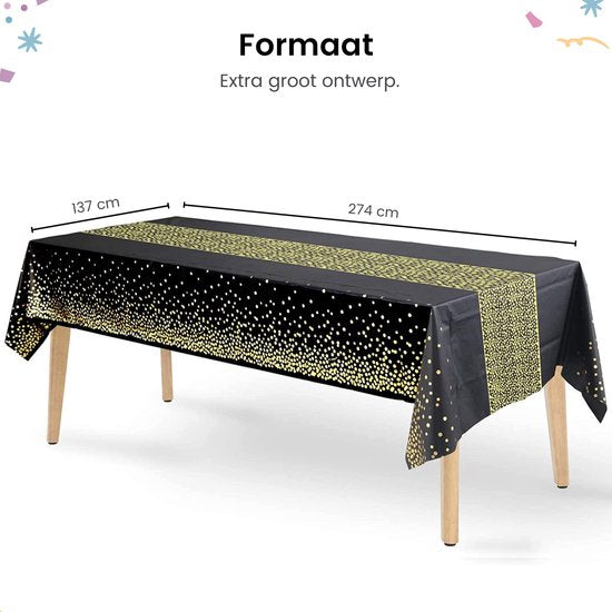 Partizzle 2x Plastik Einweg-Tischdecke - Geburtstag Party Dekorationen - 50 Jahre Abraham Sarah Dekoration - Weihnachten Alt und Neu 2025 Artikel / Neujahr - Schwarz und Gold - 274 x 137 cm