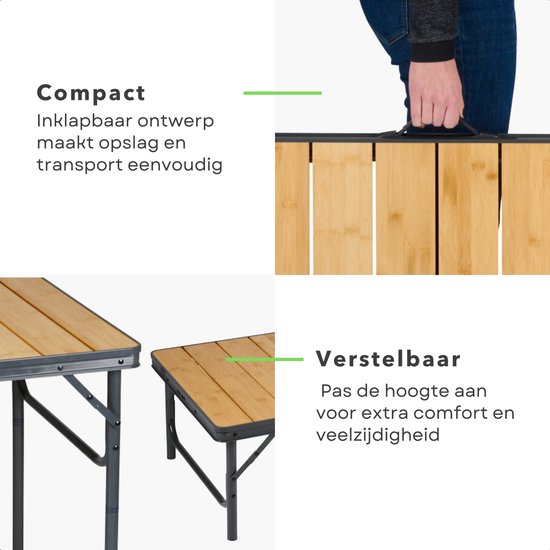 Cheqo® Klappbarer Bambus-Campingtisch – Zusammenklappbarer Campingtisch – Balkontisch – Gartentisch – Leicht und zusammenklappbar – Aluminiumgestell