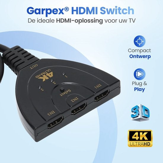 GarpexÂ® HDMI Umschalter - HDMI Splitter - HDMI Splitter 3 in 1 out - HDMI Kabel - 4K Ultra HD