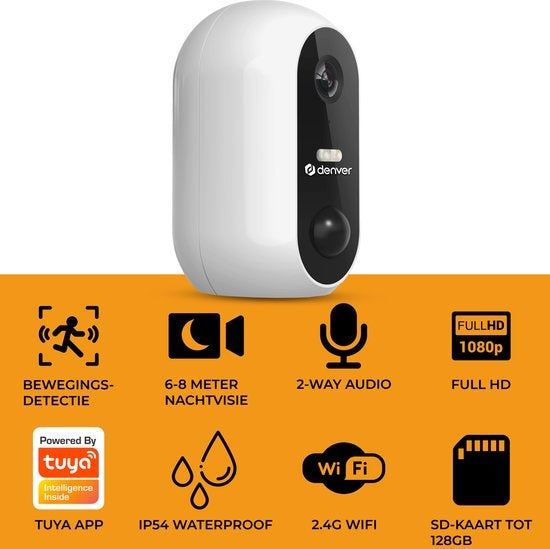 Denver Sicherheitskamera Wireless Outdoor - Kamera mit Nachtsicht - Tuya App - WiFi - Full HD - 1080P - Bewegungserkennung - Einfach zu installieren - IOB209 - Weiß