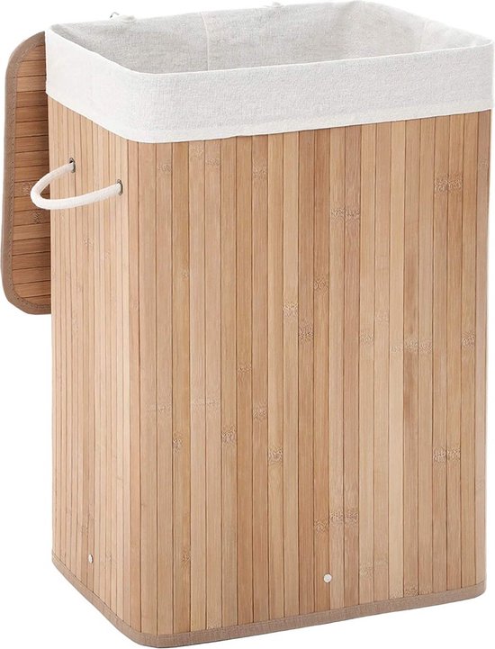 Songmics XL 72 Liter – Großer, zusammenklappbarer Wäschekorb – Bambus – waschbares Innenfutter – 40 x 30 x 60 cm