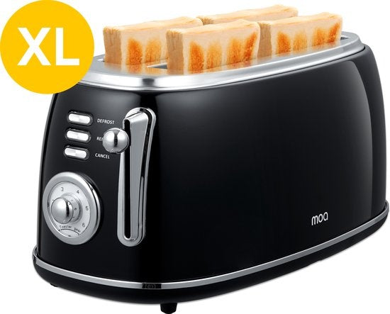 MOA Retro Toaster XL - 6 Heizstufen - 4 Sandwiches gleichzeitig - 1500W - Aufwärm- und Auftaufunktion - Schwarz