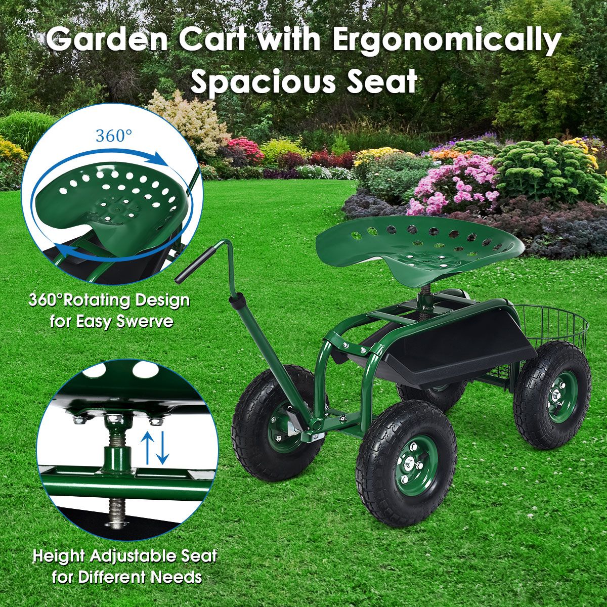 Coast Gartenwagen mit Aufbewahrungskorb – höhenverstellbarer Griff – ergonomischer Sitz – grün