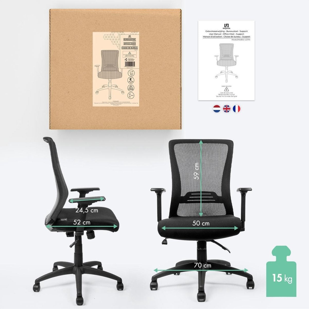 LifeGoods Ergonomischer Bürostuhl - Schreibtischstuhl - Verstellbar - Erwachsene - Schwarz