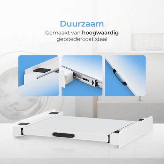 Skoov Abstandshalter für Waschmaschine & Trockner - Stapelset - Mit ausziehbarem Fachboden - Universal - Trockner - Möbel - inkl. Schwingungsdämpfer und Spannband