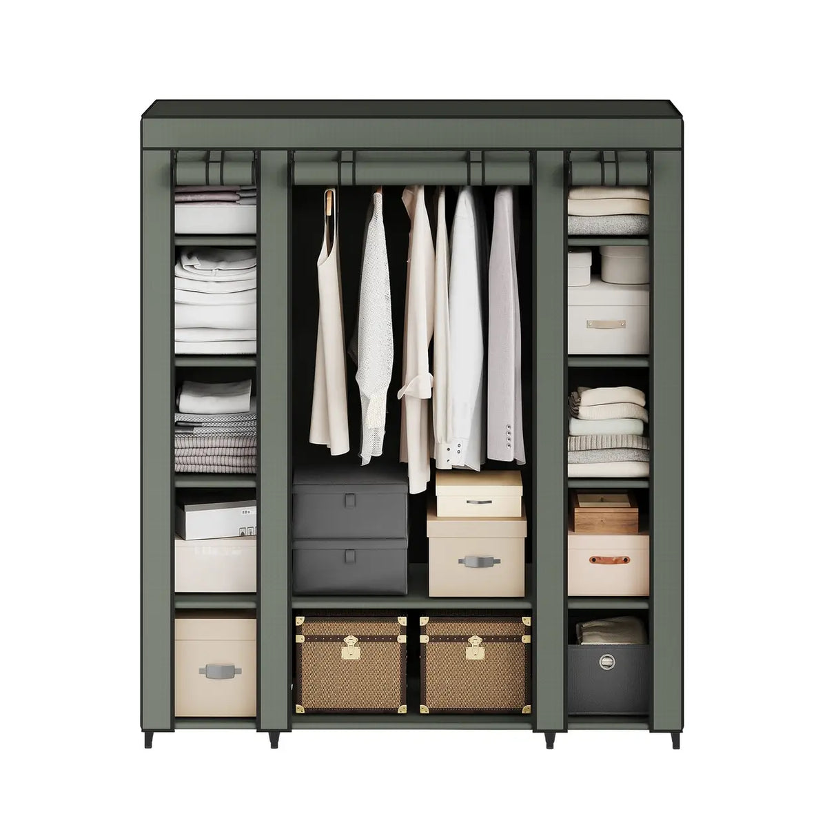 JOYFURNOS Kleiderschrank 150 x 45 x 175 cm – Laurel-Grün – 12 Fächer mit Kleiderstange