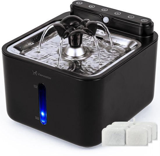 Viervoeter® Kabelloser Trinkbrunnen aus Edelstahl – Sensor-Trinkbrunnen für Katzen und Hunde – Inklusive 3 Filtern – 3,2 l – 30 Tage Batterielaufzeit – Flüsterleise