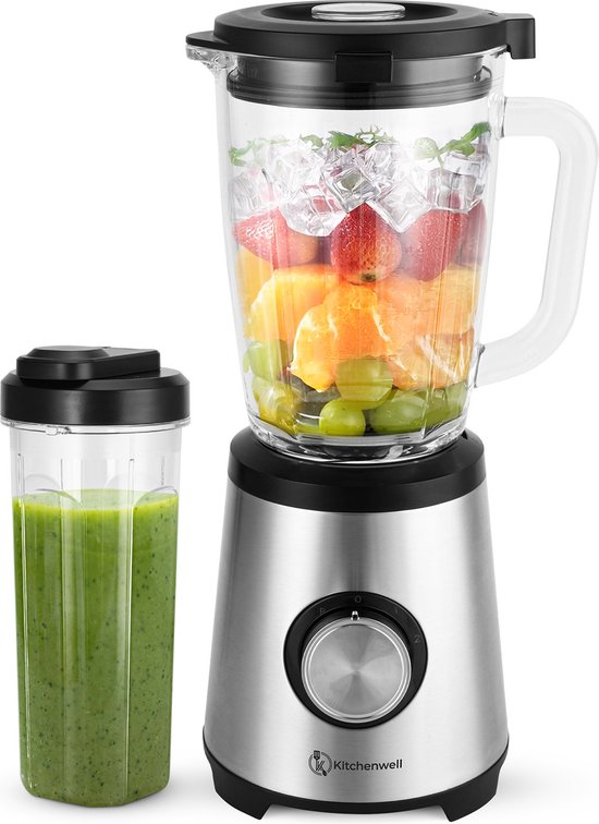 Kitchenwell Mixer - 1300 Watt - Smoothie Mixer - Mit To-Go Cup - 1,75 Liter - Glaskrug - 3 Ständer - Edelstahl - Grau