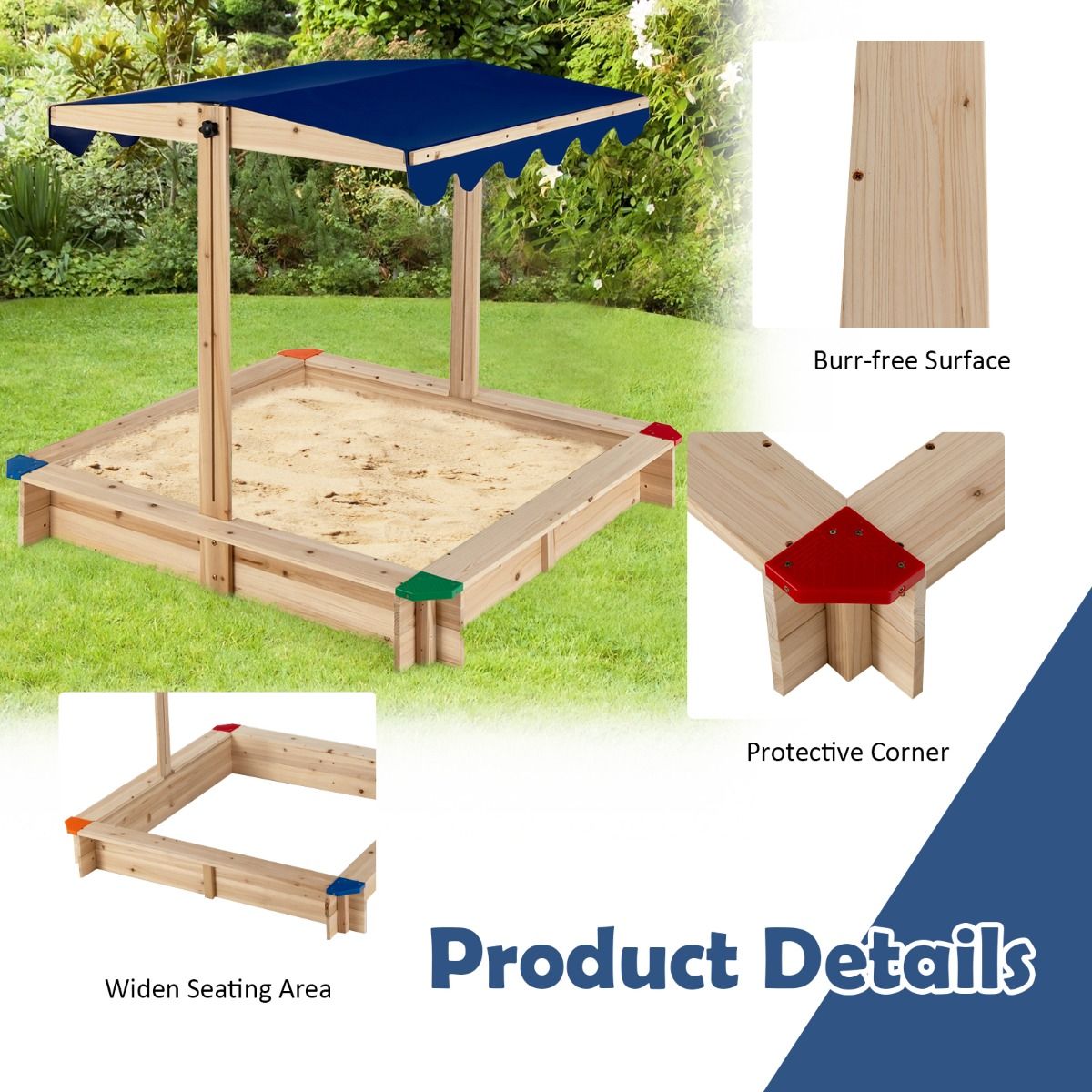 Coast Holzsandkasten mit verstellbarem Sonnendach – ohne Boden – Sitzecke – blau – 121 x 121 x 120 cm