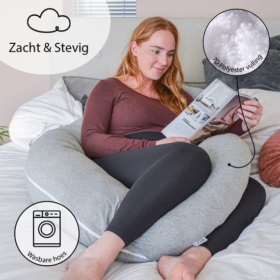 EL Life Umstandskissen - XXL - C-Form - Stillkissen - Seidenschlafkissen - Körperkissen - abnehmbarer Jersey-Baumwollbezug - 150x70cm - Hellgrau