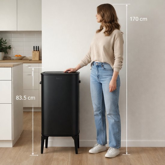 Bayt Mülleimer auf Beinen - Mülleimer 60 Liter Müllsäcke - Mülleimer mit Sensor - Mülleimer - Abfallbehälter - Edelstahl - Schwarz - 53L