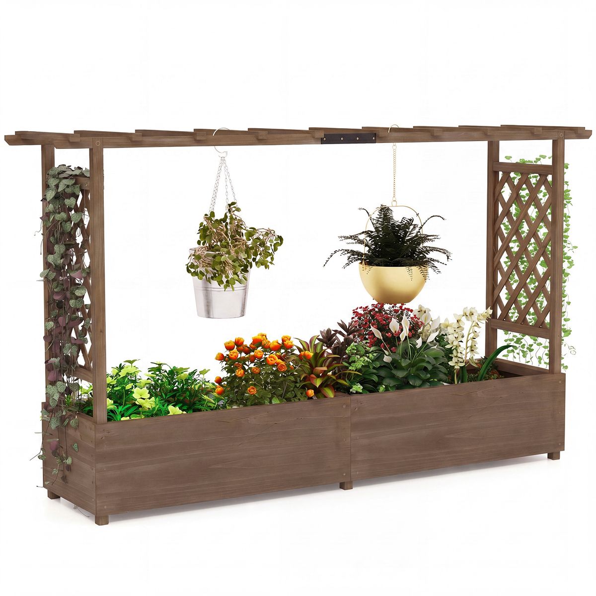Coast Blumenkasten mit Klettergerüst – hängendes Dach – massives Kiefernholz – braun – 200 x 44 x 114 cm
