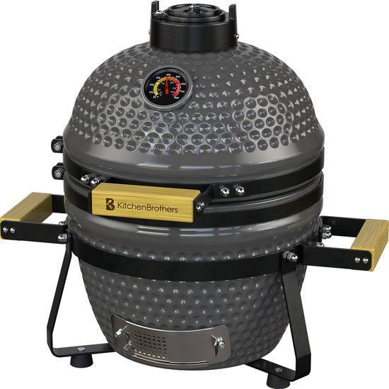 KitchenBrothers Kamado BBQ - 13 Zoll Holzkohlegrill - 27⌀ cm - PFAS-frei - Deluxe Set - Eiergrill mit Zubehör inklusive Abdeckung - Grau