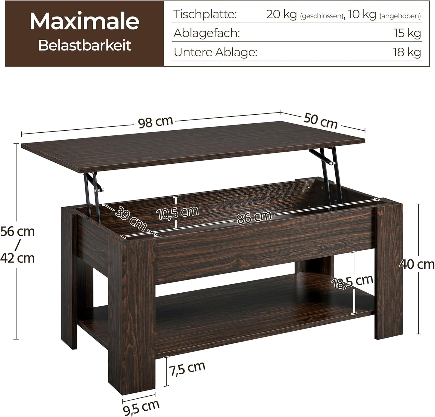 Yaheetech Couchtisch 98 x 50 x 41,8 cm – Braun – Höhenverstellbar – Ausziehbare Tischplatte – Mit Stauraum