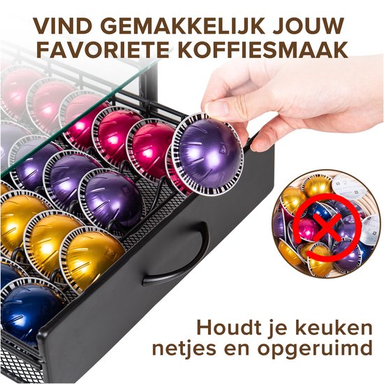 Nimma Dolce Gusto Kapselhalter - für 40 Kapseln - mit Schublade - Kaffeetassenhalterung - Glas - Schwarz