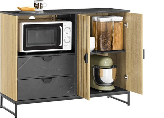 SoBuy Küchenschrank Sideboard Sideboard mit Mikrowellenfach (Ø6 cm) und Lattentür - Mikrowellenschrank, Sideboard, Multifunktionsschrank für Küche & Wohnzimmer, Eiche-schwarz 107×40×85 cm FSB103-N