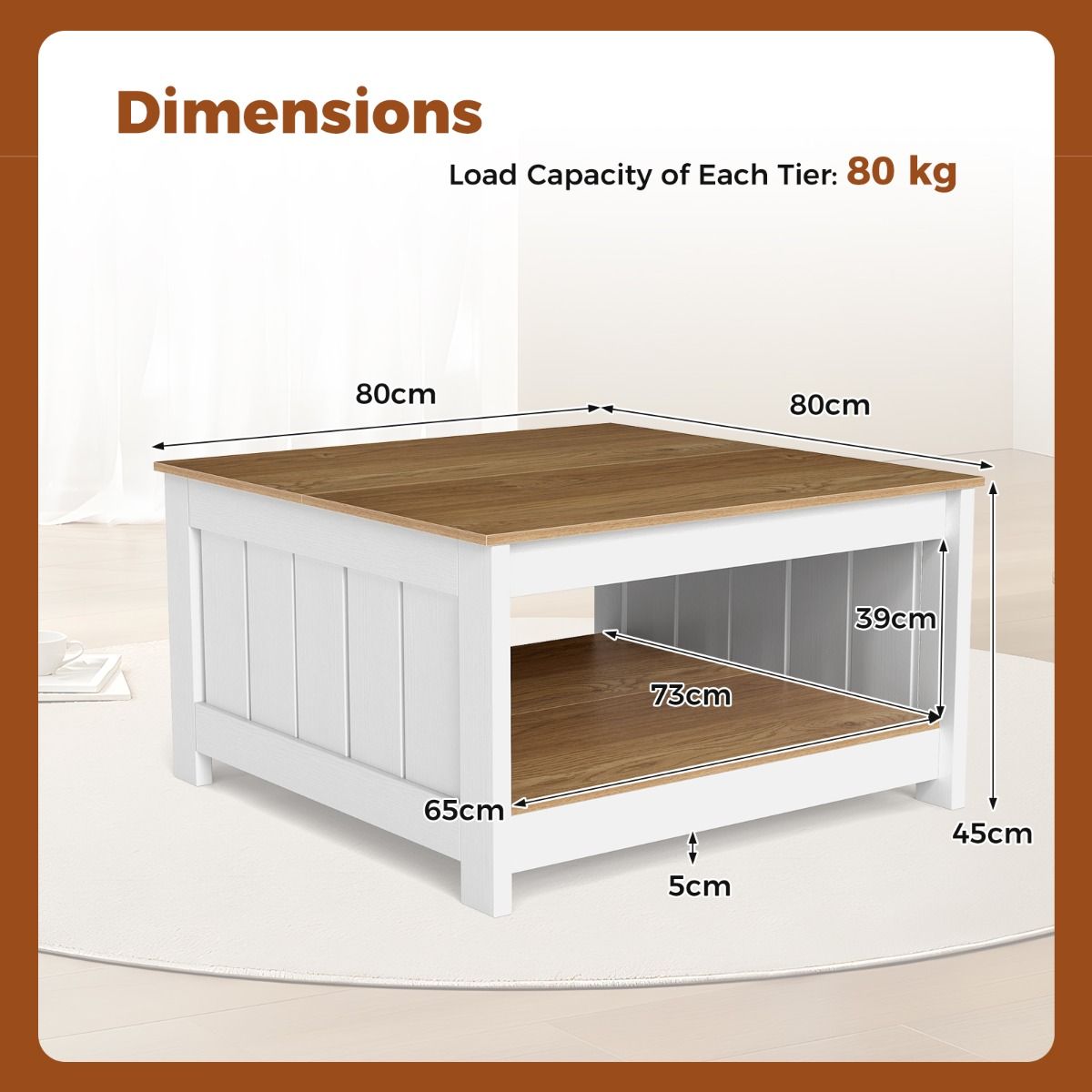 Coast Couchtisch aus Holz – 2-stöckig – Stauraum – Natur und Weiß – 80 x 80 x 45 cm