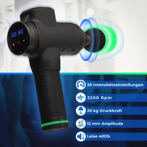 LifeGoods - Massagepistole - 6 Aufsätze - 30 Stufen - Professionelles Massagegerät - Schwarz