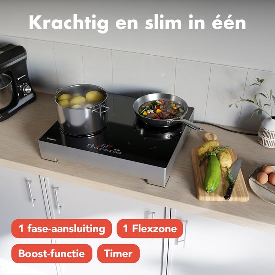 KitchenBrothers Induktionskochfeld - Freistehendes Induktionskochfeld - 60 cm - 4 Zonen - 1x Flexzone - 1 Phase - bis zu 3500W - Silber/RVS