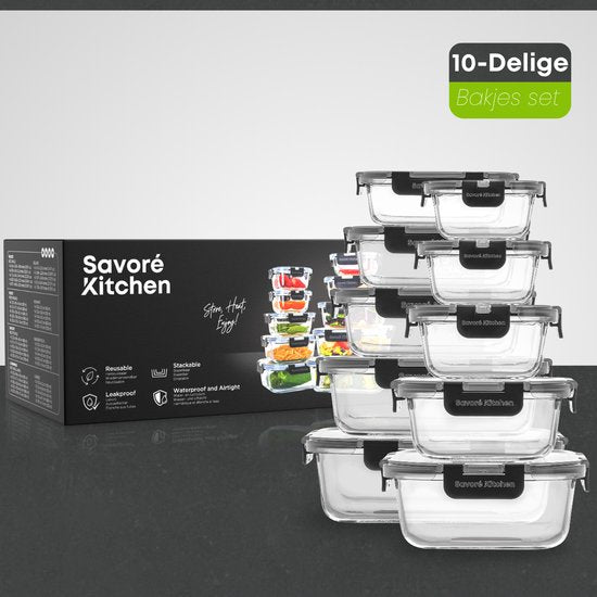 Savoré Küche Aufbewahrungsschalen Set - Mahlzeit Vorbereitung Tabletts - Gefrierschrank Tabletts Glas - luftdicht - 10 Stück