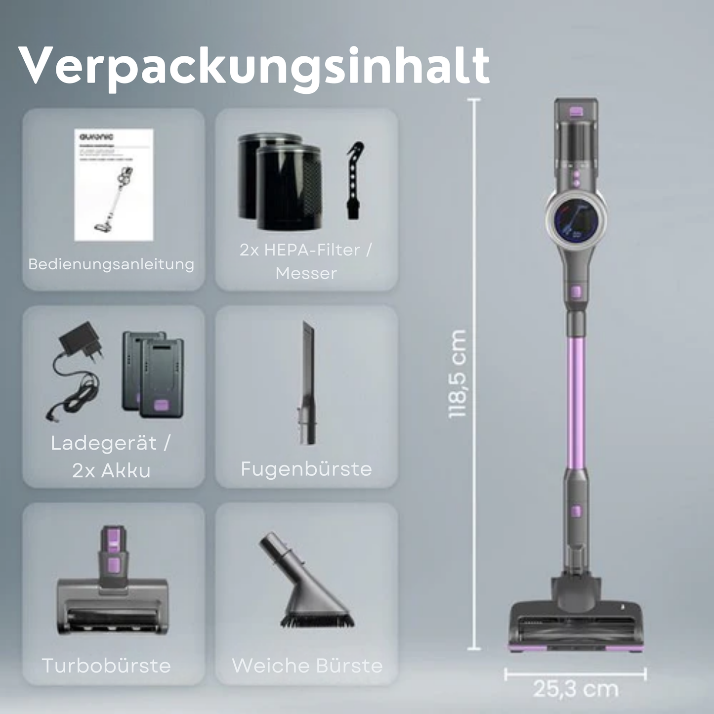 Auronic Stick Staubsauger - Kabellos - Beutellos - Akkubetrieben - Selbstständig - 350W - Extra Akku - Staubsauger - Grau/Lila