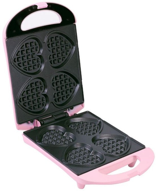 Bestron Waffeleisen – DSW271P – 1400 W – 4 Mini-Waffeln in Herzform – inkl. 20 Holzstäbchen – Rosa