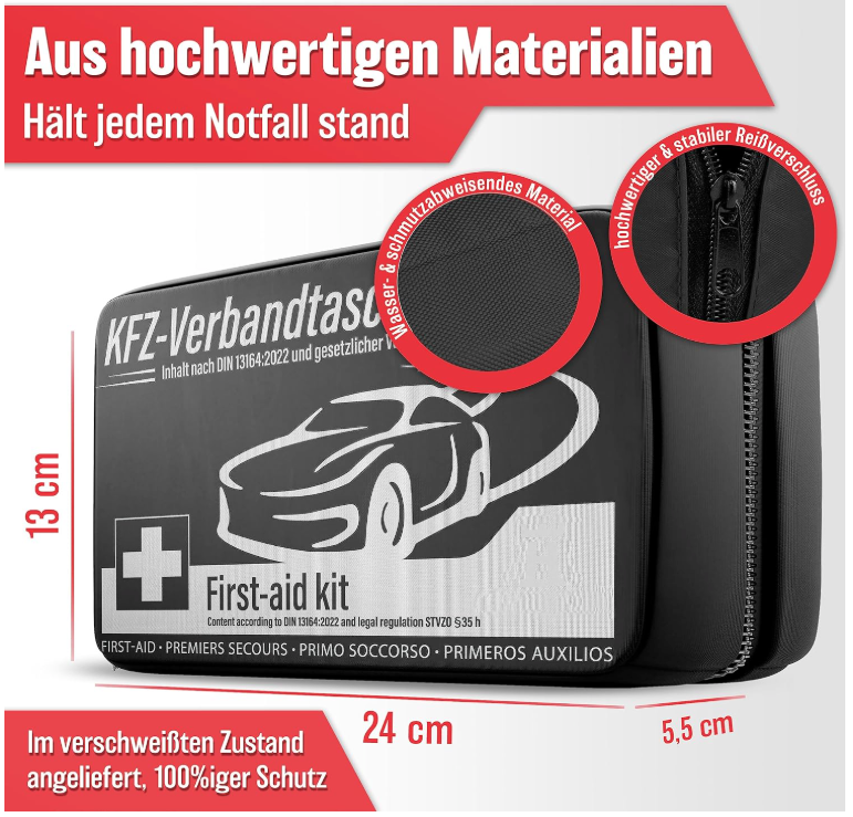 HELDENWERK - Auto-Verbandstasche & Verbandskasten - DIN 13164:2022 Standard - Kompakt - Schwarzes wasserabweisendes Nylon - Inklusive Masken & Rettungsdecke - Für Auto, Motorrad & LKW - Vorgeschrieben in Europa