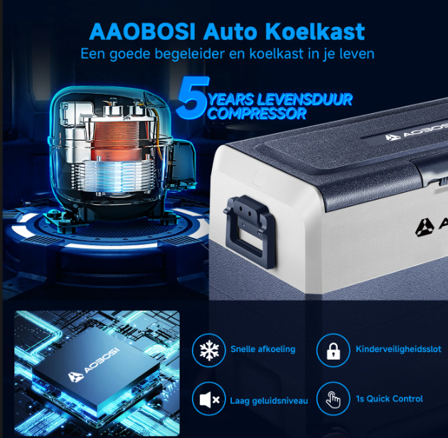 AAOBOSI 60 l Kompressor-Kühlbox mit zwei Temperaturzonen – Steuerung per App – 12/24 V & 230 V – Schwarz
