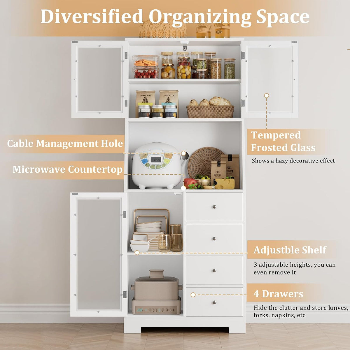 Hoher Küchenschrank mit Arbeitsplatte – 4 Schubladen und 3 Glastüren – 60 cm breit – Weiß