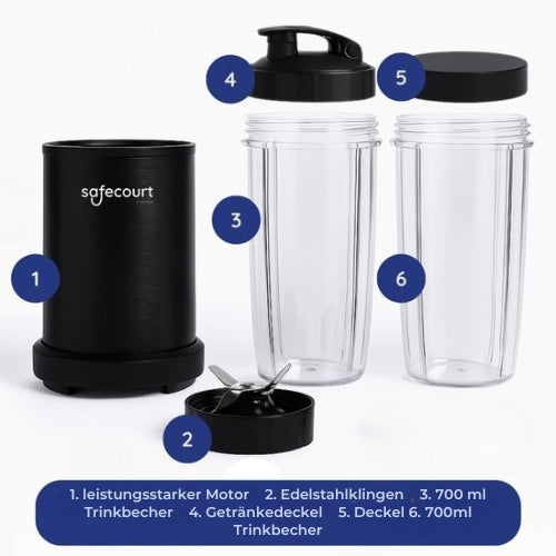 Safecourt Kitchen - Smoothie Mixer - Mixer 1200W - Smoothie Maker - Inklusive To-Go Becher - Schwarz