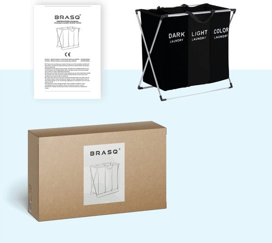 BRASQ Wäschekorb faltbar 3 Fächer - Wäschesortierer 65x39x60 cm - Wäschebox Schwarz - 118 Liter - Korb