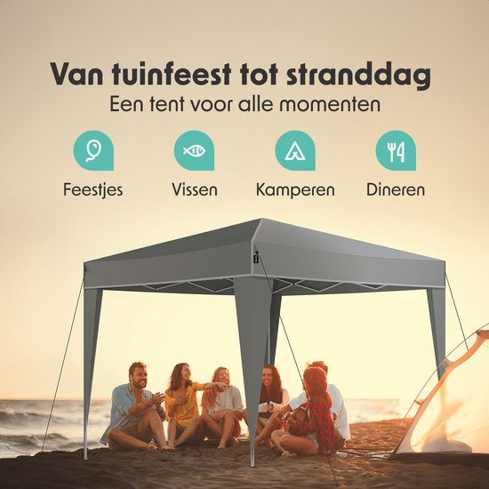 LifeGoods Party Tent Plus - Faltzelt - 3x3 m - Einfacher Aufbau - Verstärkter Rahmen - Wasserdicht - Tragetasche - Grau