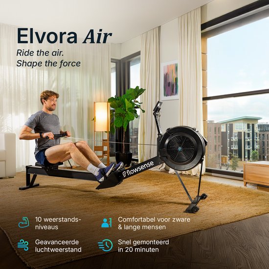 Flowsense Rudertrainer mit Luftwiderstand – Professionelles Rudergerät – 10 Widerstandsstufen – Zusammenklappbar – Ganzkörpertraining – Bluetooth-App & LCD-Monitor – Max. 200 kg – Rudergeräte – Für zu Hause & im Fitnessstudio