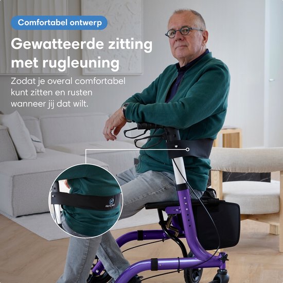 Safe Age® Rollator, leicht und zusammenklappbar – Gummiräder – Sitzfunktion – für drinnen und draußen – Rückenlehne und Gehstockhalterung – Lila