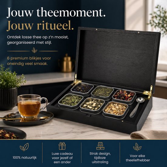 Grandlux Teebox mit 6 Fächern – Teebox für losen Tee – Edelstahl-Löffel – 100 % FSC-zertifiziertes Bambus – 6 Teedosen – Tee-Organizer – Teebox – Schwarz