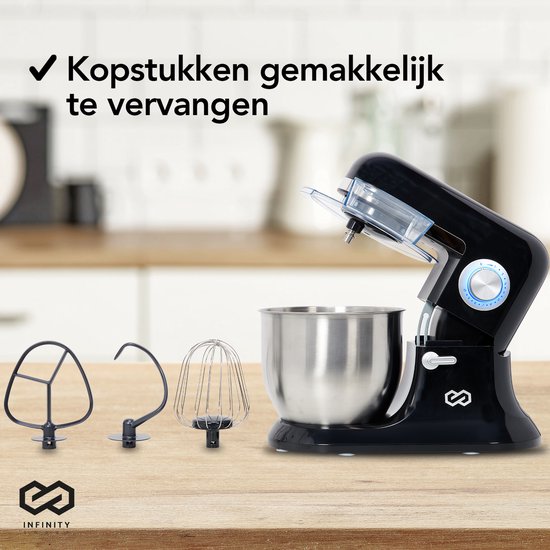 Infinity Goods Küchenmaschine - Küchenmixer - 6.5L Edelstahl-Mixbehälter - Küchenroboter - Küchenmaschine - Mit Zubehör - 1600W - Schwarz