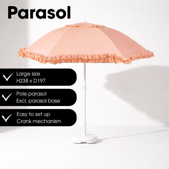 Mica Decorations Kippbarer Sonnenschirm mit Rüschen – Stangensonnenschirm 238 x Ø 195 cm – Garten- oder Balkonsonnenschirm – Polyester, Stahl – Pfirsich